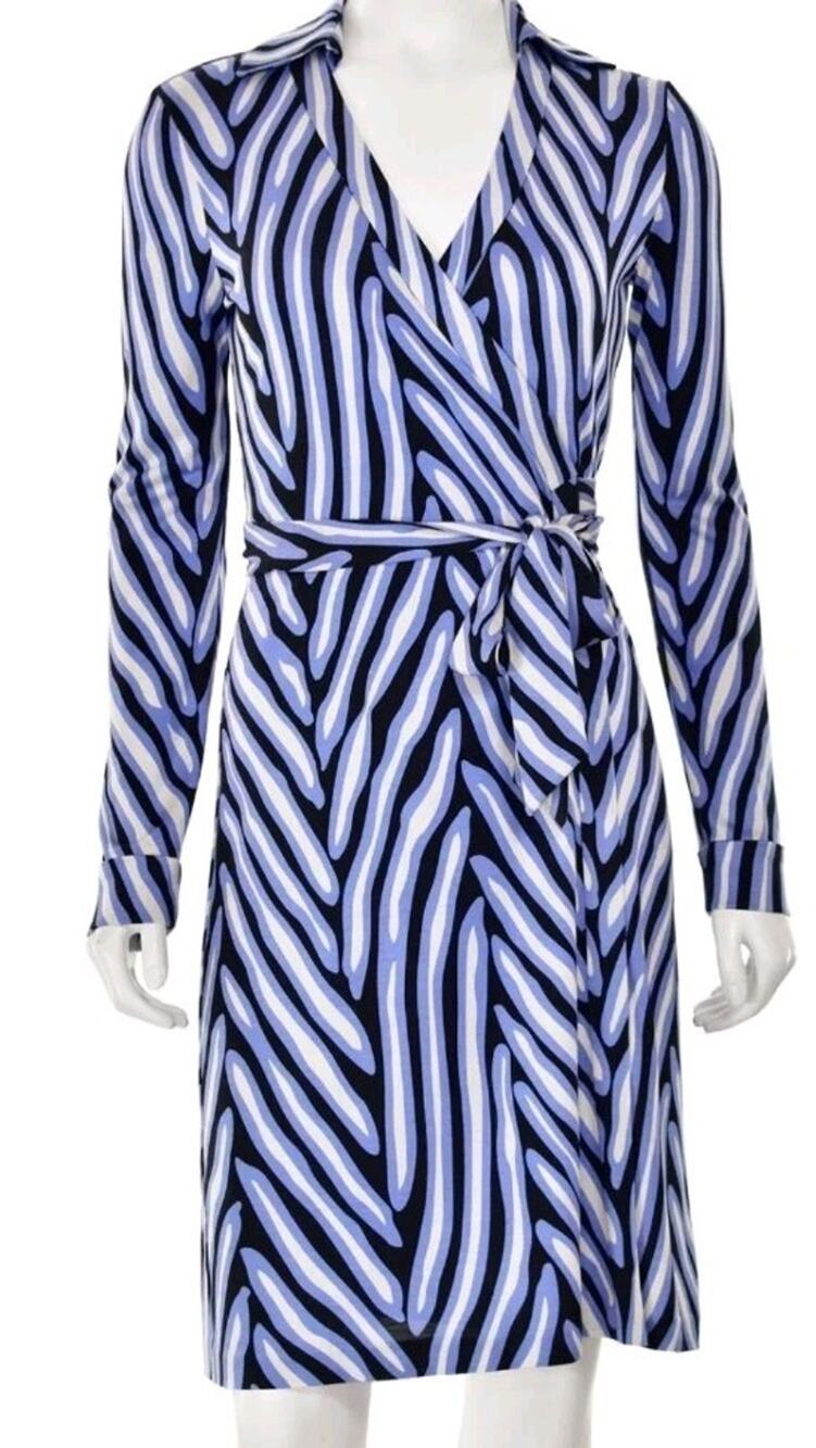 Diane von Furstenberg New Jeanne Two Silk Jersey Wrap Dress Blue Striped Sz 12